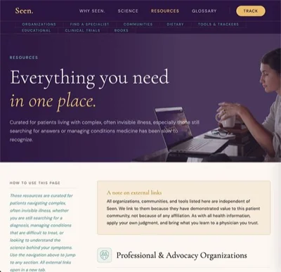 Screenshot of the Seen. Resources page