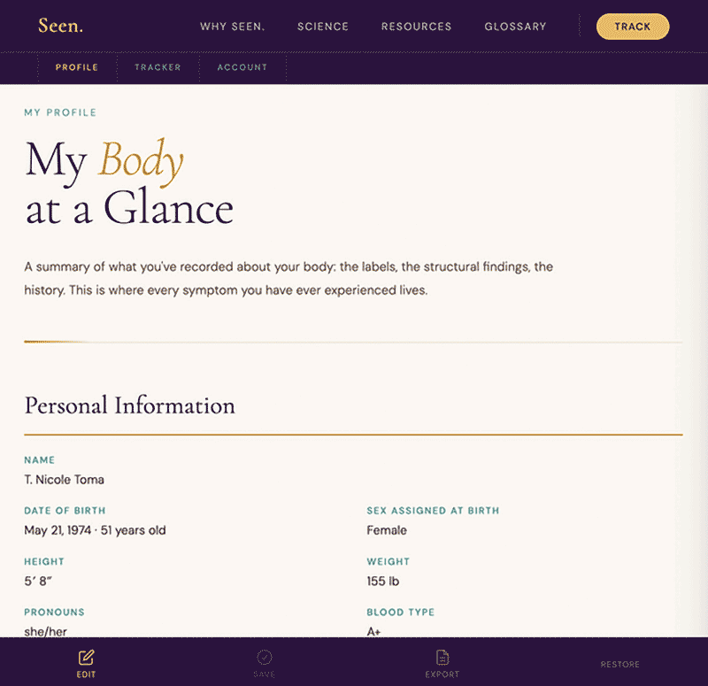 Screenshot of the Seen. Profile page showing My Body at a Glance
