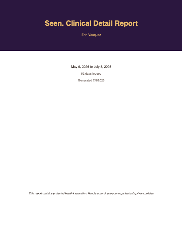 First page of the sample physician report generated by Seen., showing the patient profile and diagnoses.
