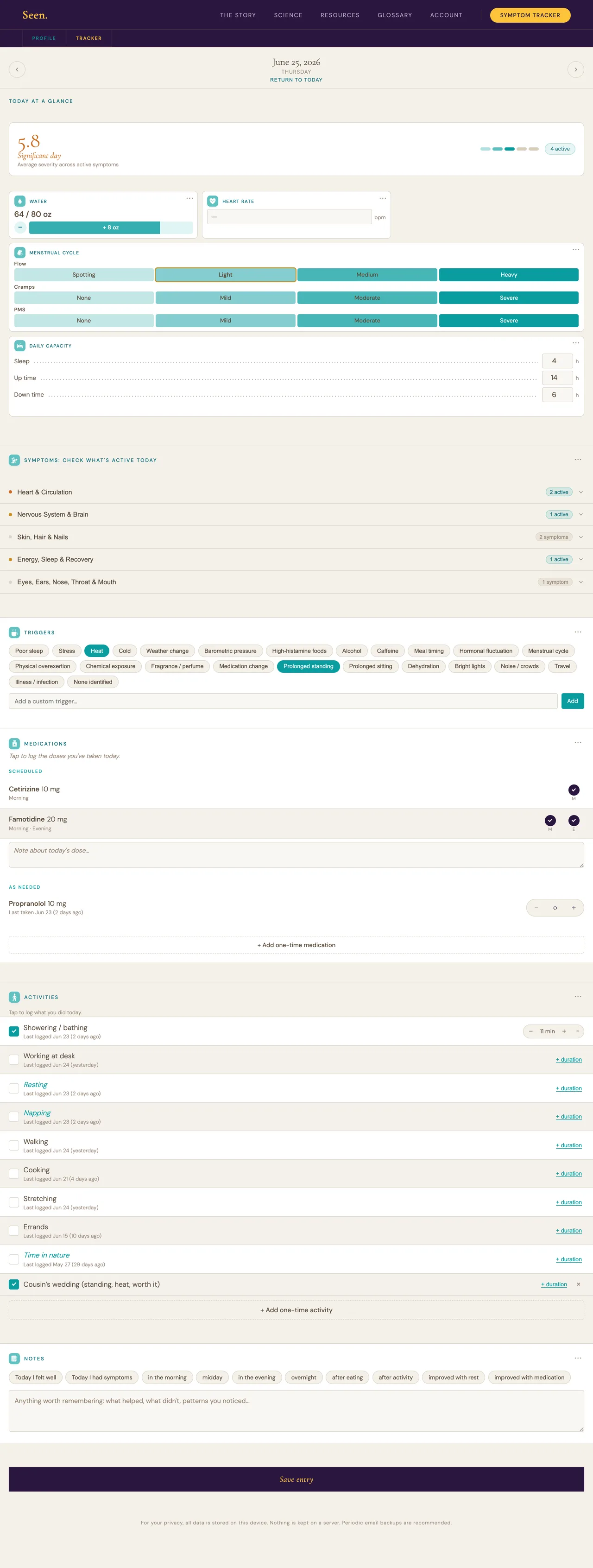 Screenshot of a Seen. daily log: symptoms with severity levels, medications, and activities recorded for one day.