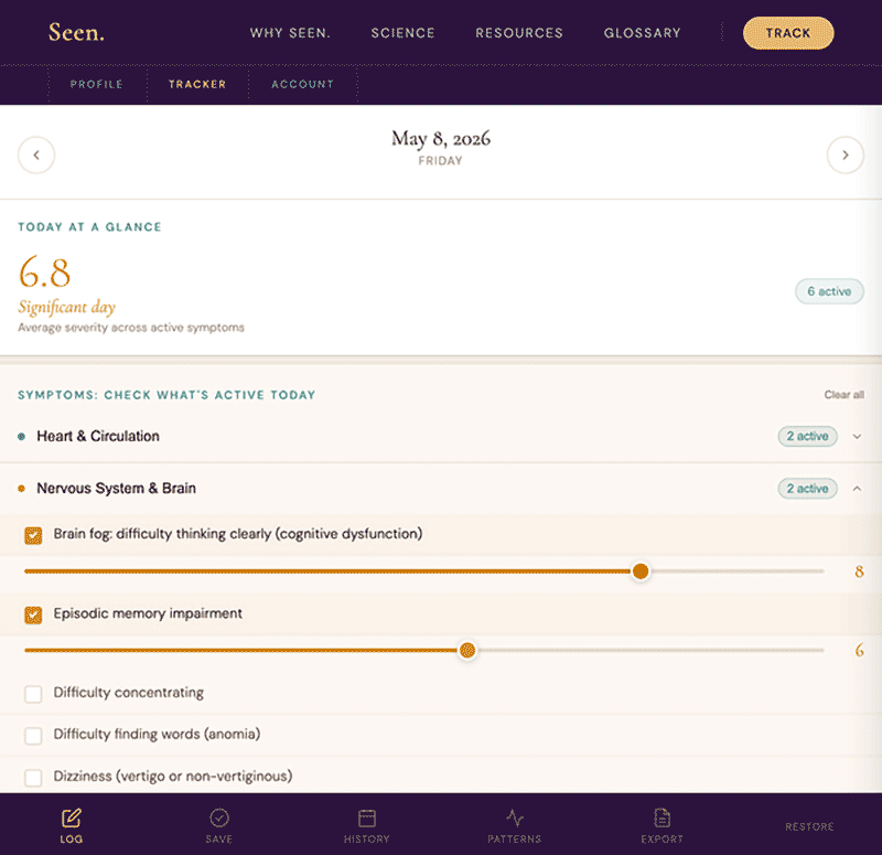 Screenshot of the Seen. Tracker showing daily symptom logging with severity sliders